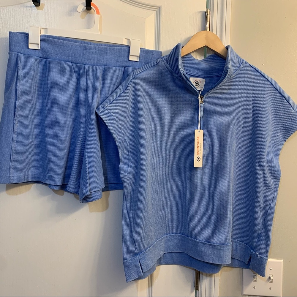 Sunnyside by Sundry Blue Ribbed Half Zip Sweatshirt & Shorts Lounge Set NWT